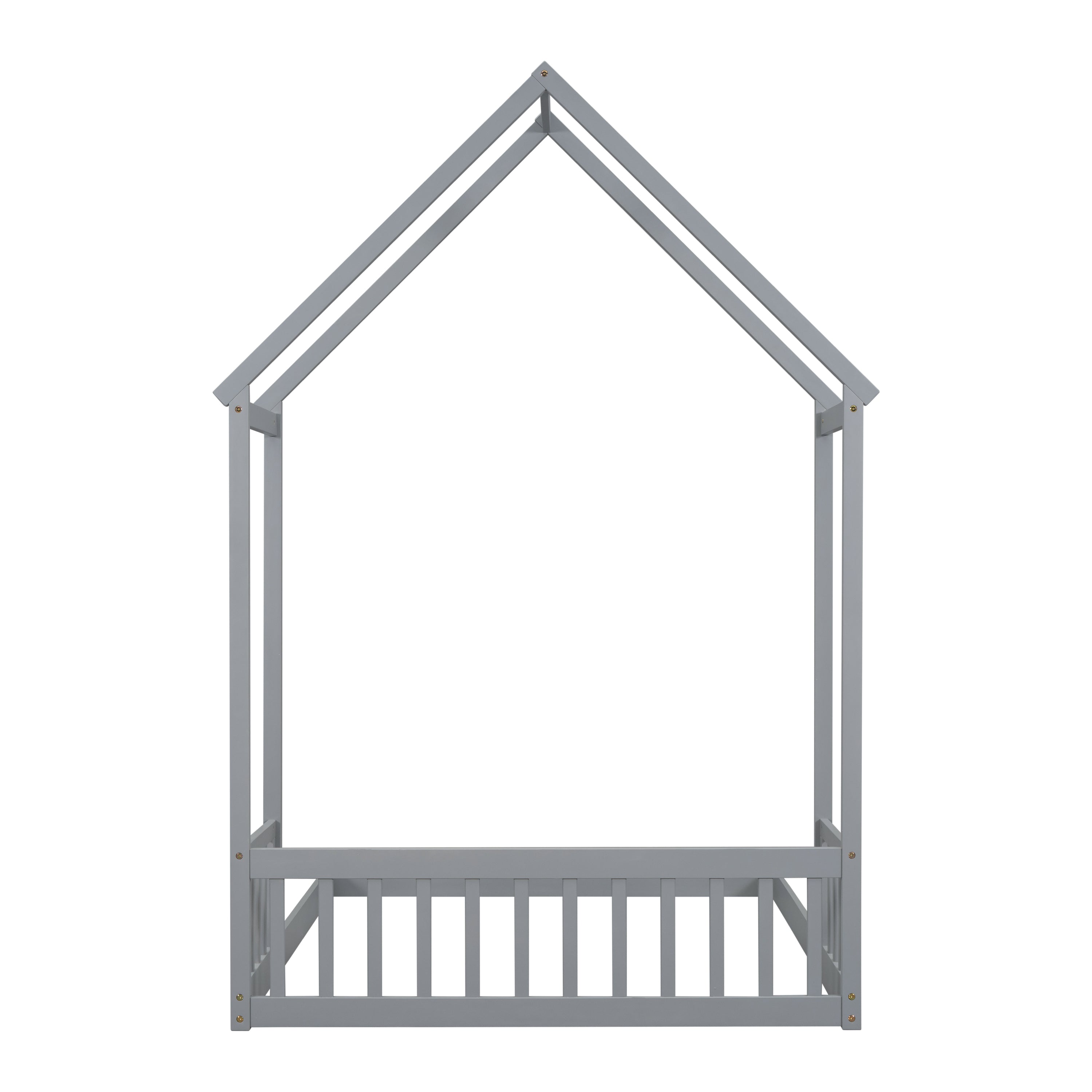 Full Roof-framed Headboard Floor Bed with Headboard Guardrails, without Slats ,Grey
