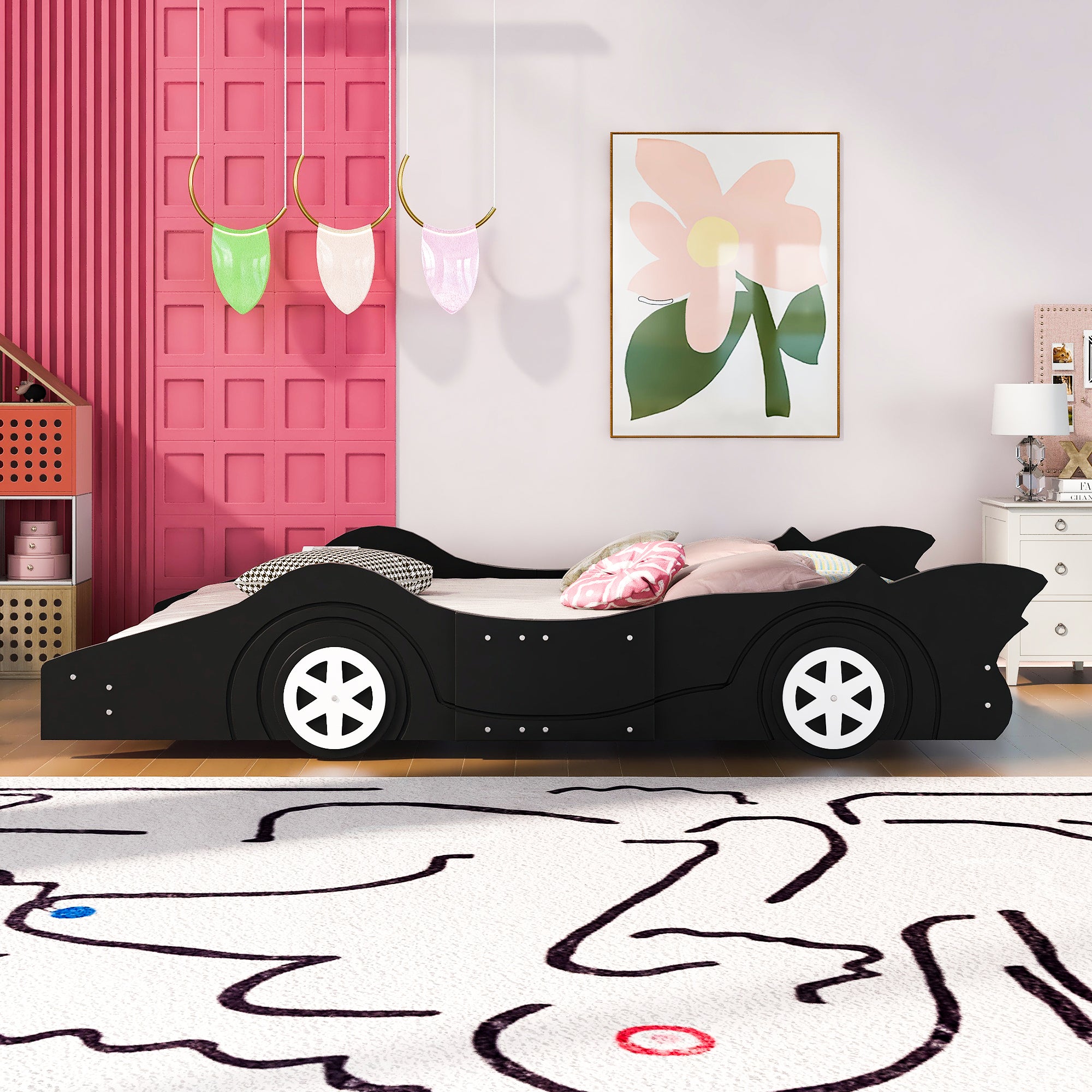Full Size Race Car-Shaped Platform Bed with Wheels,Black - Atlantic Fine Furniture Melbourne FL
