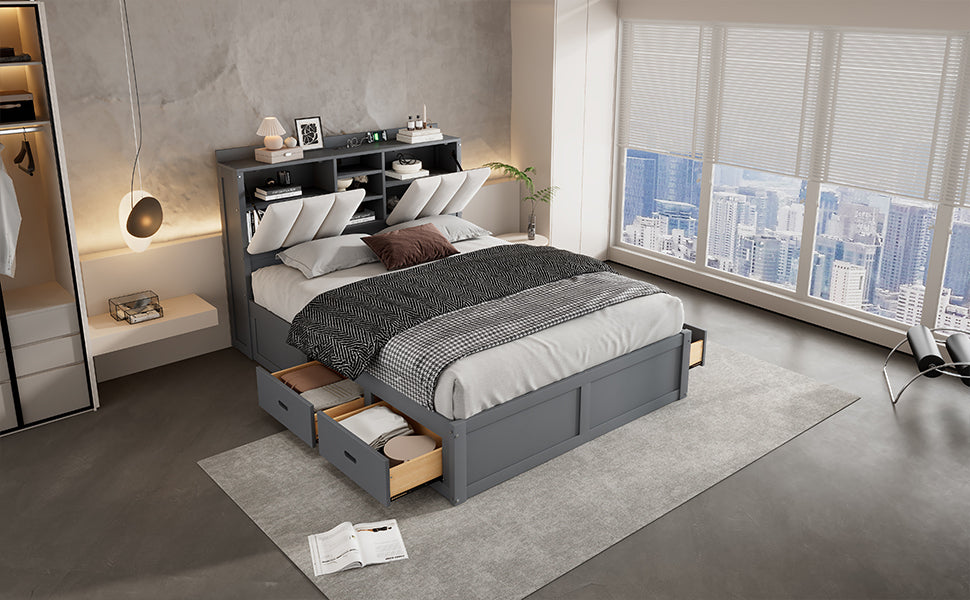 Wood Full Size Platform Bed with Storage Headboard and 4 Drawers, Gray