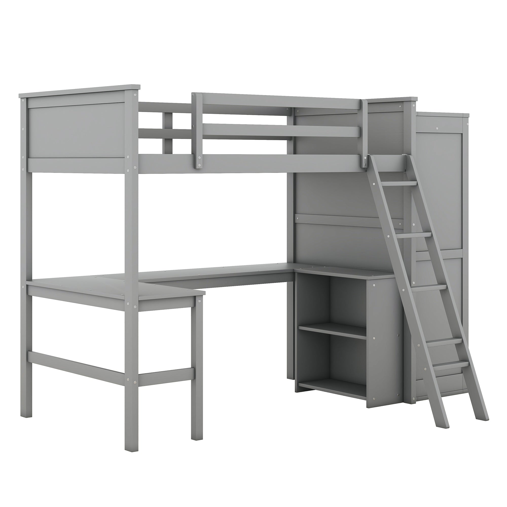 Twin size Loft Bed with Desk, Shelves and Wardrobe-Gray - Atlantic Fine Furniture Melbourne FL