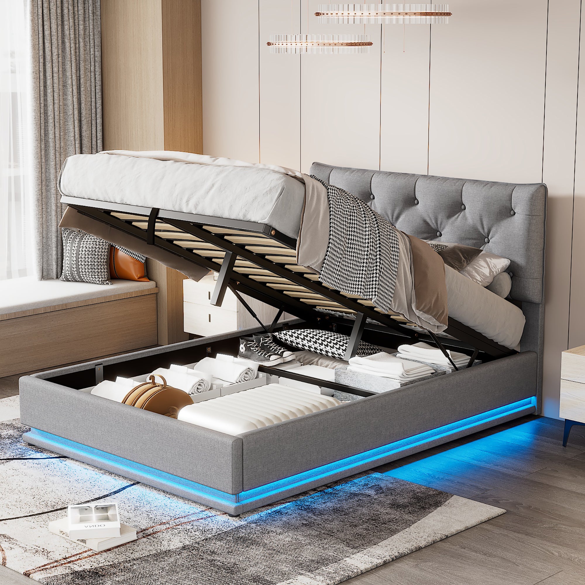 Full Size Upholstered Bed with Hydraulic Storage System and LED Light, Modern Platform Bed with Button-tufted Design Headboard, Gray - Atlantic Fine Furniture Melbourne FL
