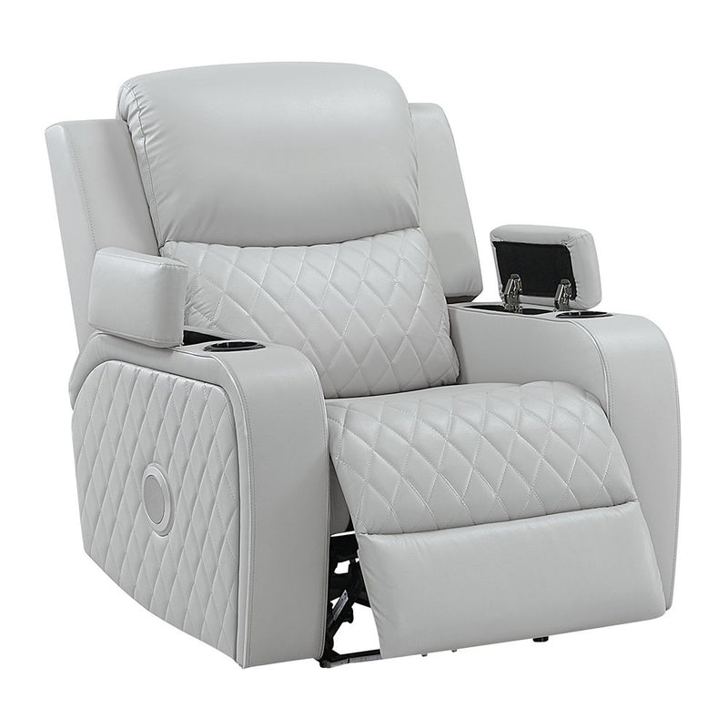 Elonzo - Power Motion Recliner With LED, Power Headrest & Speaker - Light Gray