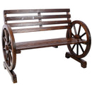 Rustic Country 2 Person Wooden Wagon Wheel Bench With Slatted Seat And Backrest - Brown