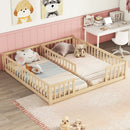 Double Twin Floor Bed with Fence, Guardrails, without door, Natural
