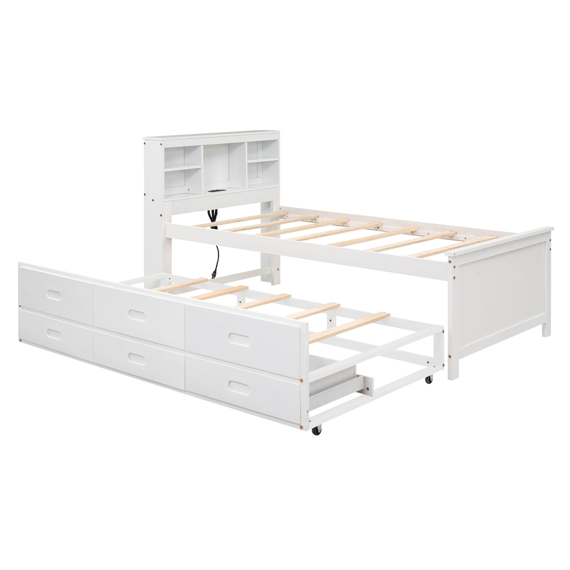 Twin Size Platform Bed with Storage Headboard, USB, Twin Size Trundle and 3 Drawers, White - Atlantic Fine Furniture Melbourne FL