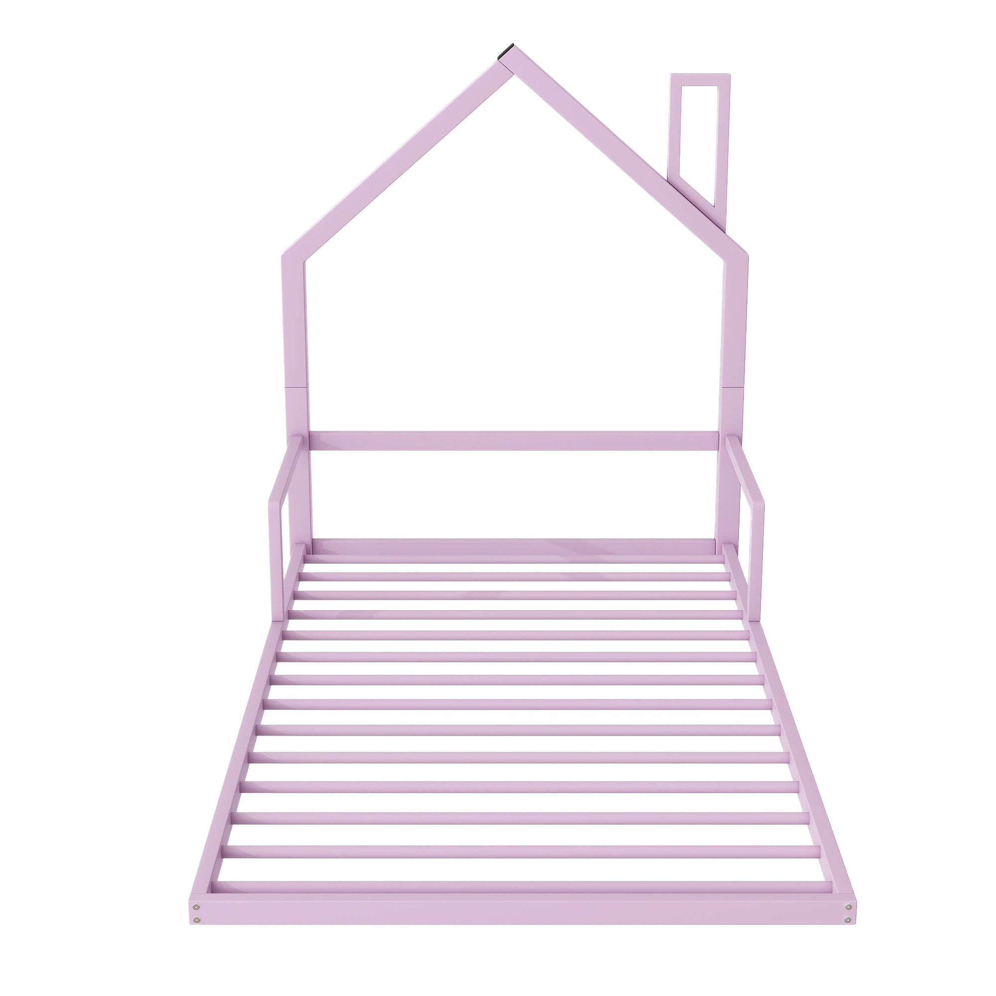 Twin Size Metal Floor Bed with House-shaped Headboard, Pink - Atlantic Fine Furniture Melbourne FL