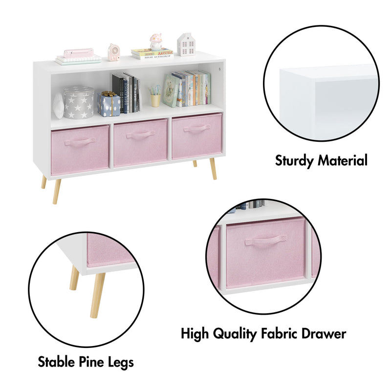 Kids Bookcase With Collapsible Fabric Drawers, Children's Book Display, Toy Storage Cabinet Organizer - White / Pink