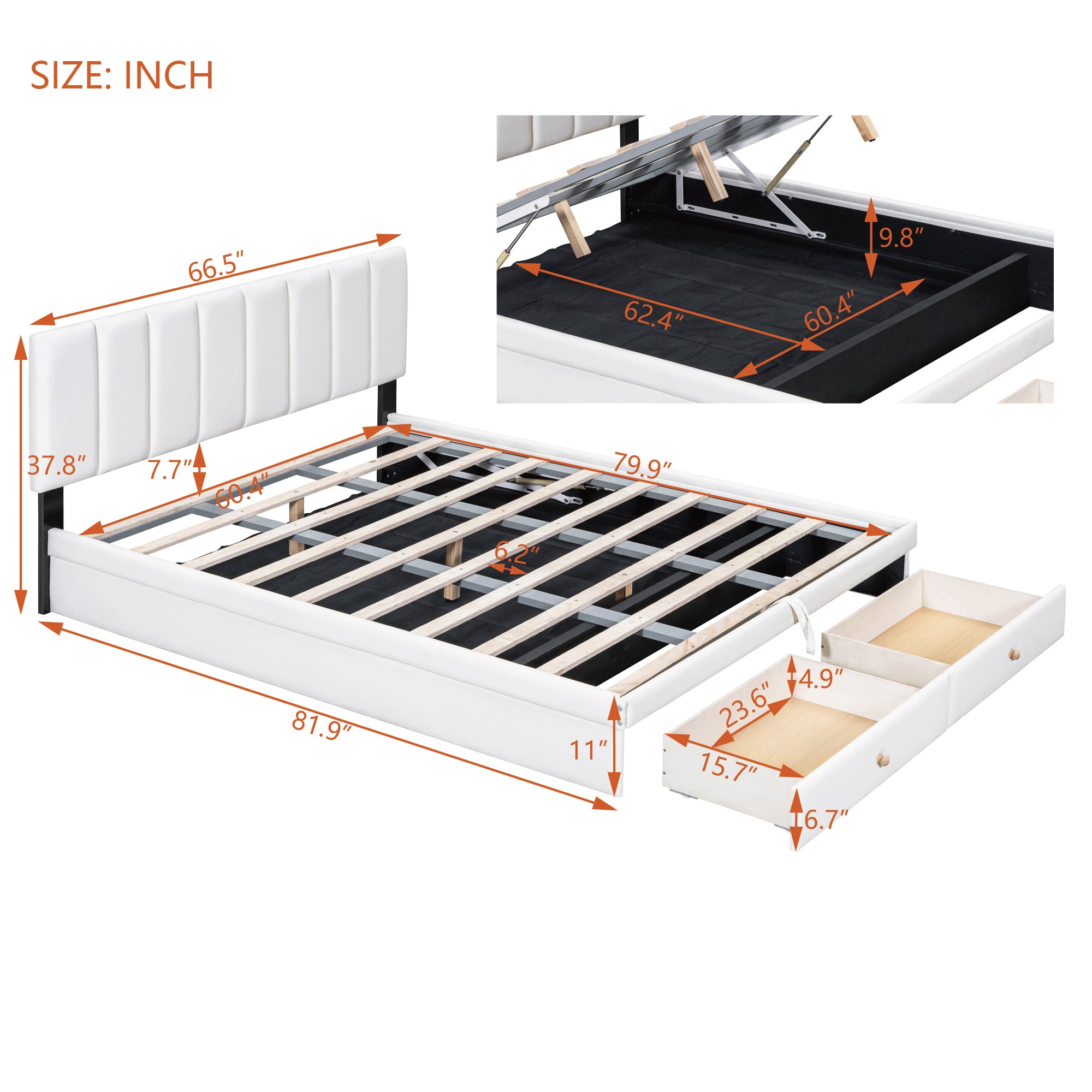 Queen Size Upholstered Bed with Hydraulic Storage System and Drawer, White - Atlantic Fine Furniture Melbourne FL