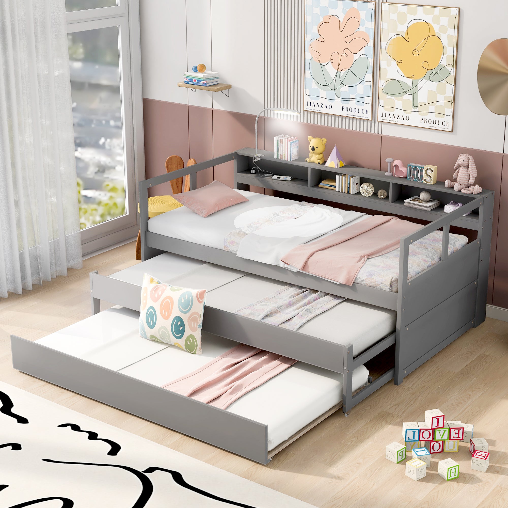 Twin XL Wood Daybed with 2 Trundles, 3 Storage Cubbies, 1 Light for Free and USB Charging Design, Gray - Atlantic Fine Furniture Melbourne FL