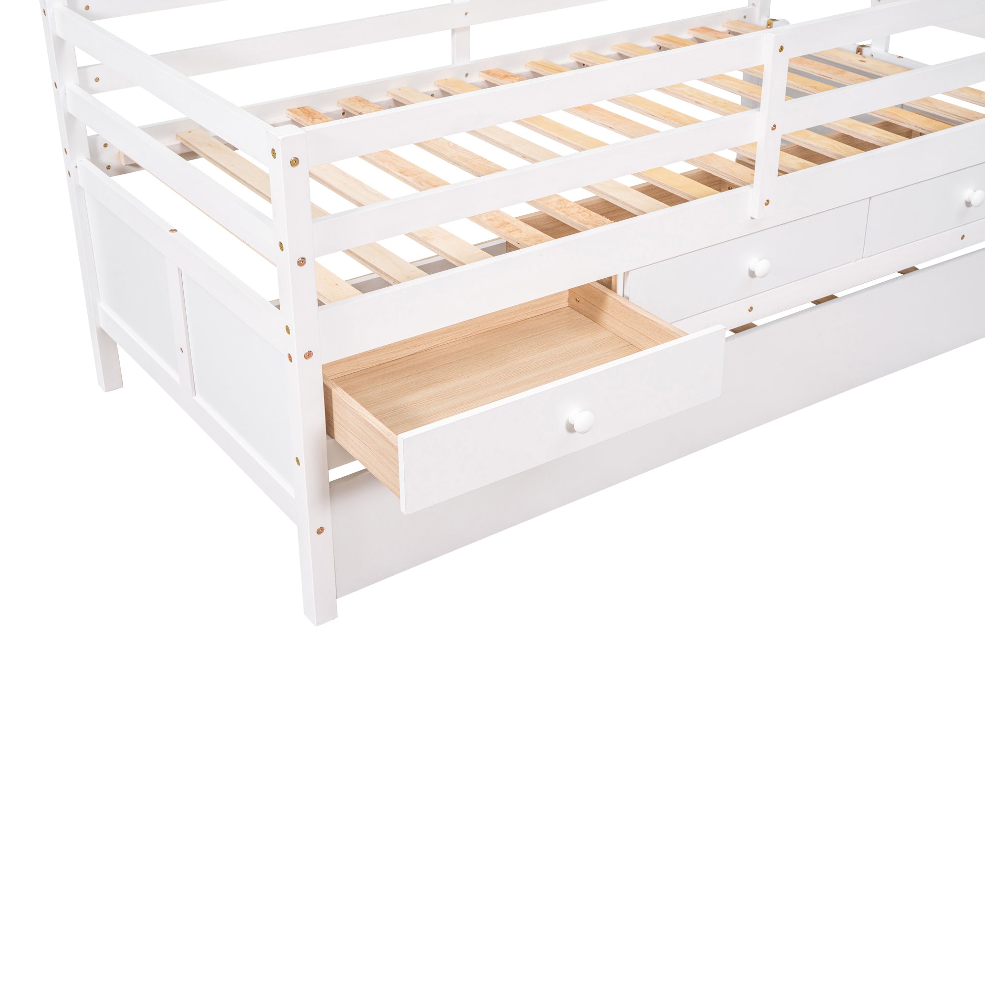 Low Loft Bed Twin Size with Full Safety Fence, Climbing ladder, Storage Drawers and Trundle White Solid Wood Bed - Atlantic Fine Furniture Melbourne FL