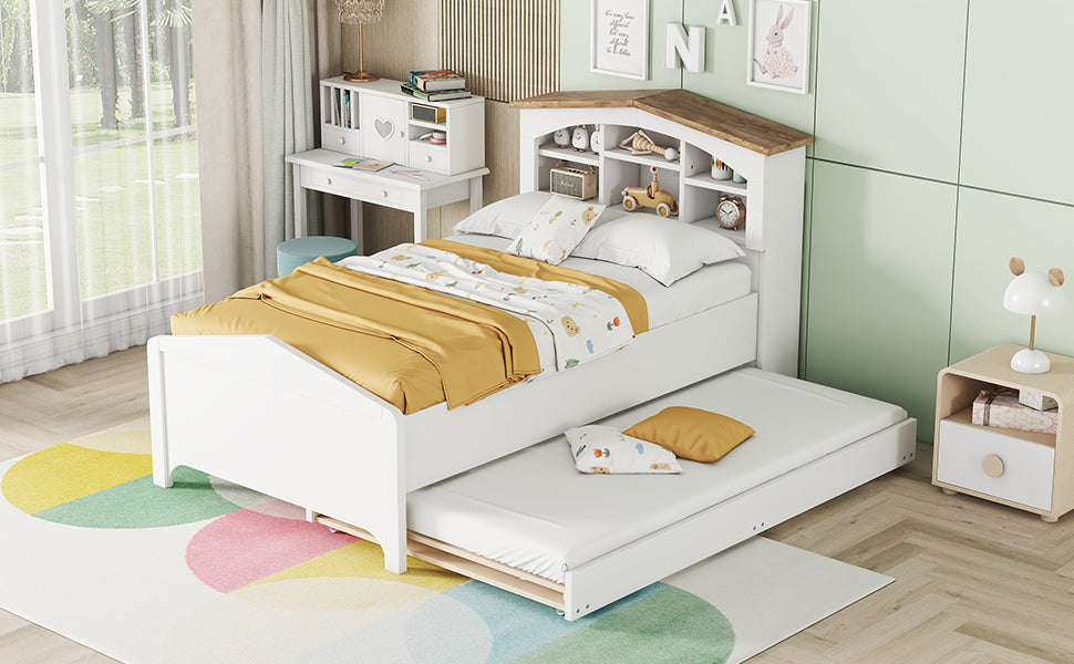 Twin Size Wood Platform Bed with House-shaped Storage Headboard and Trundle, White - Atlantic Fine Furniture Melbourne FL