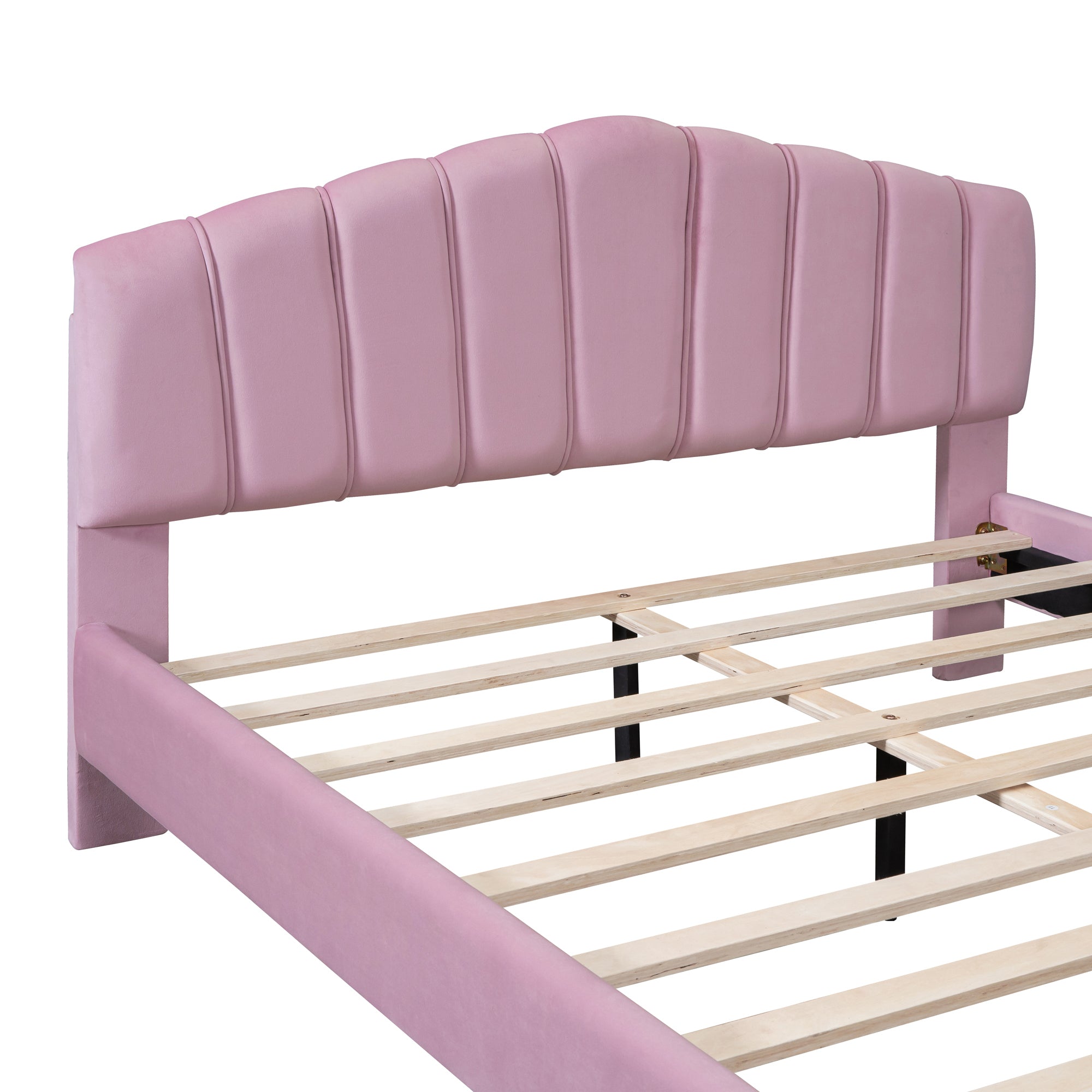 Queen Size Velvet Platform Bed with Thick Fabric, Stylish Stripe Decorated Bedboard and Elegant Metal Bed Leg, Pink - Atlantic Fine Furniture Melbourne FL