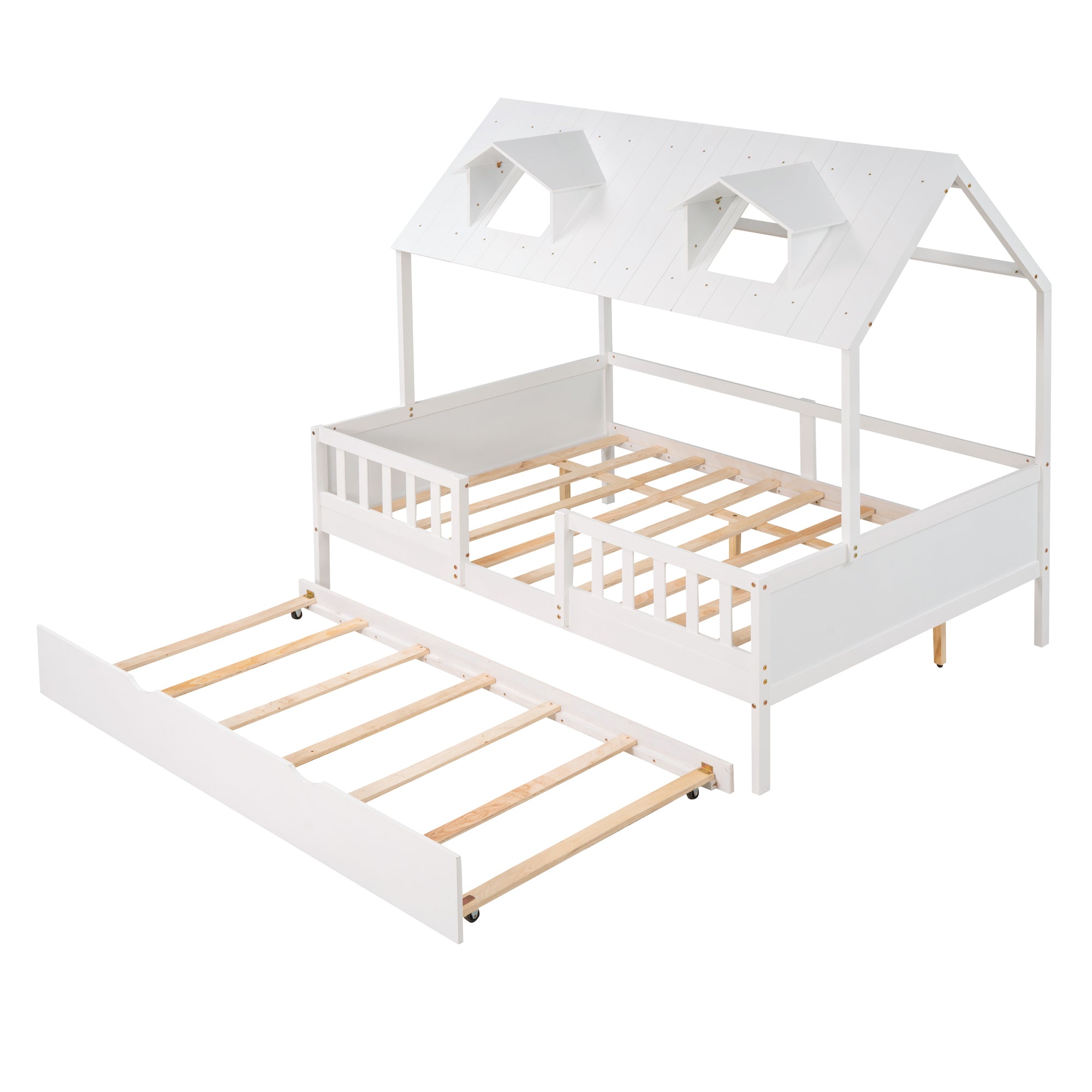Full Size House Bed Wood Bed with  Twin Size Trundle ( White ) - Atlantic Fine Furniture Melbourne FL