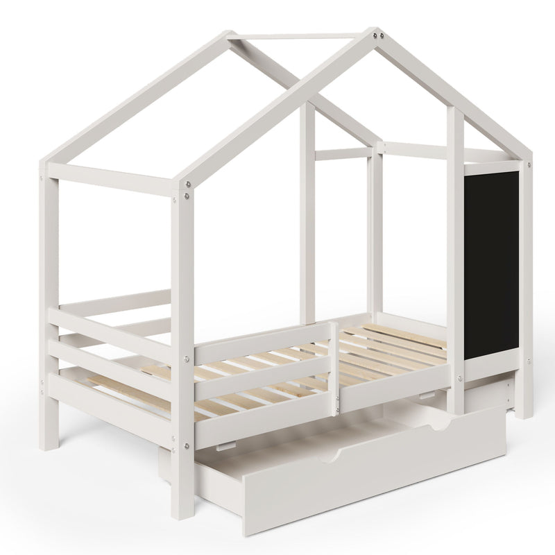 Twin House Bed With Blackboard And Drawers, 2 Assembly Options - White