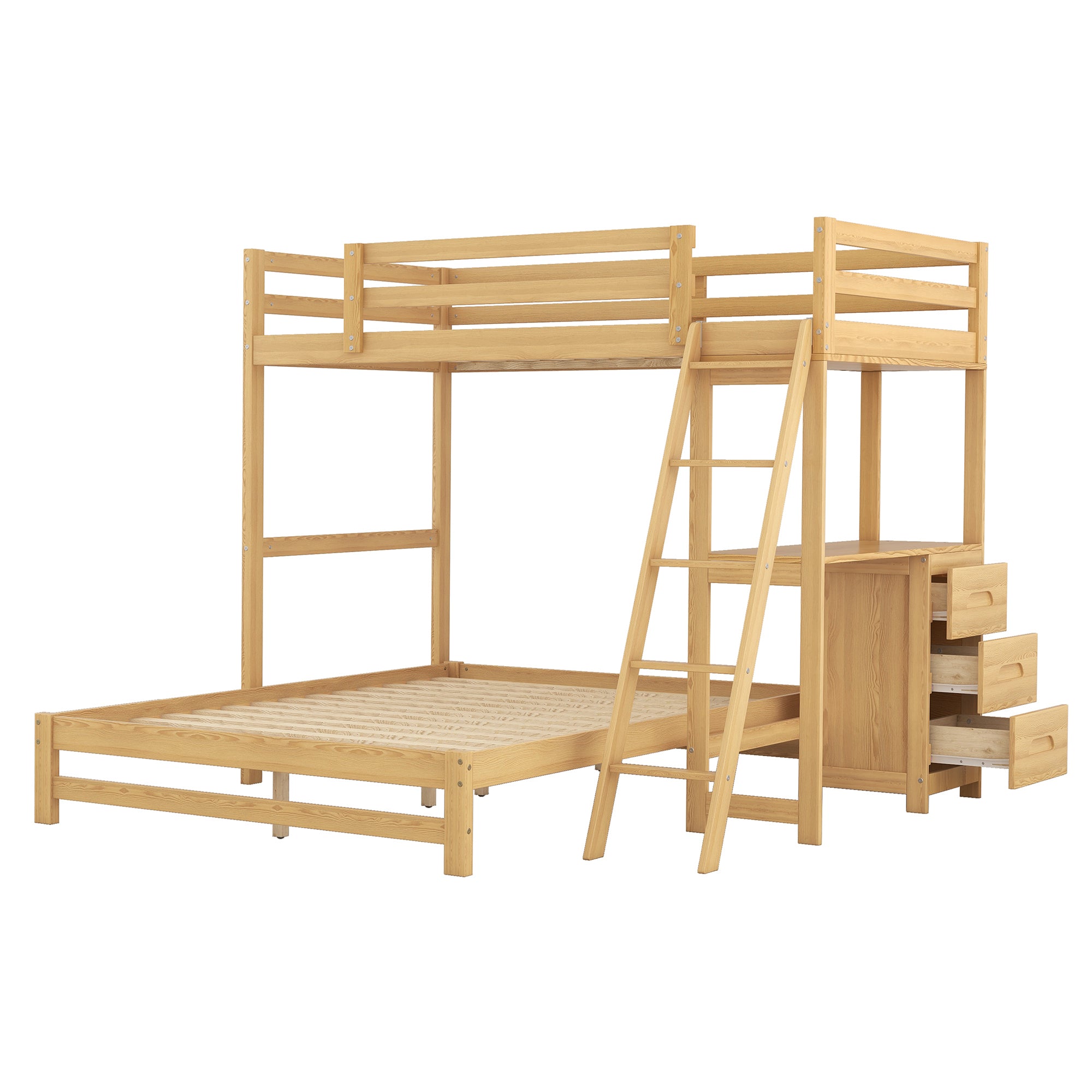 Twin over Full Bunk Bed with Built-in Desk and Three Drawers, Natural - Atlantic Fine Furniture Melbourne FL