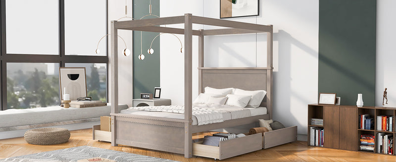 Wood Canopy Bed with four Drawers ,Full Size Canopy Platform Bed With Support Slats .No Box Spring Needed, Brushed Light Brown