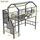 Metal Loft Bed With Roof Design And Storage Box With Guardrails And Integrated Ladder