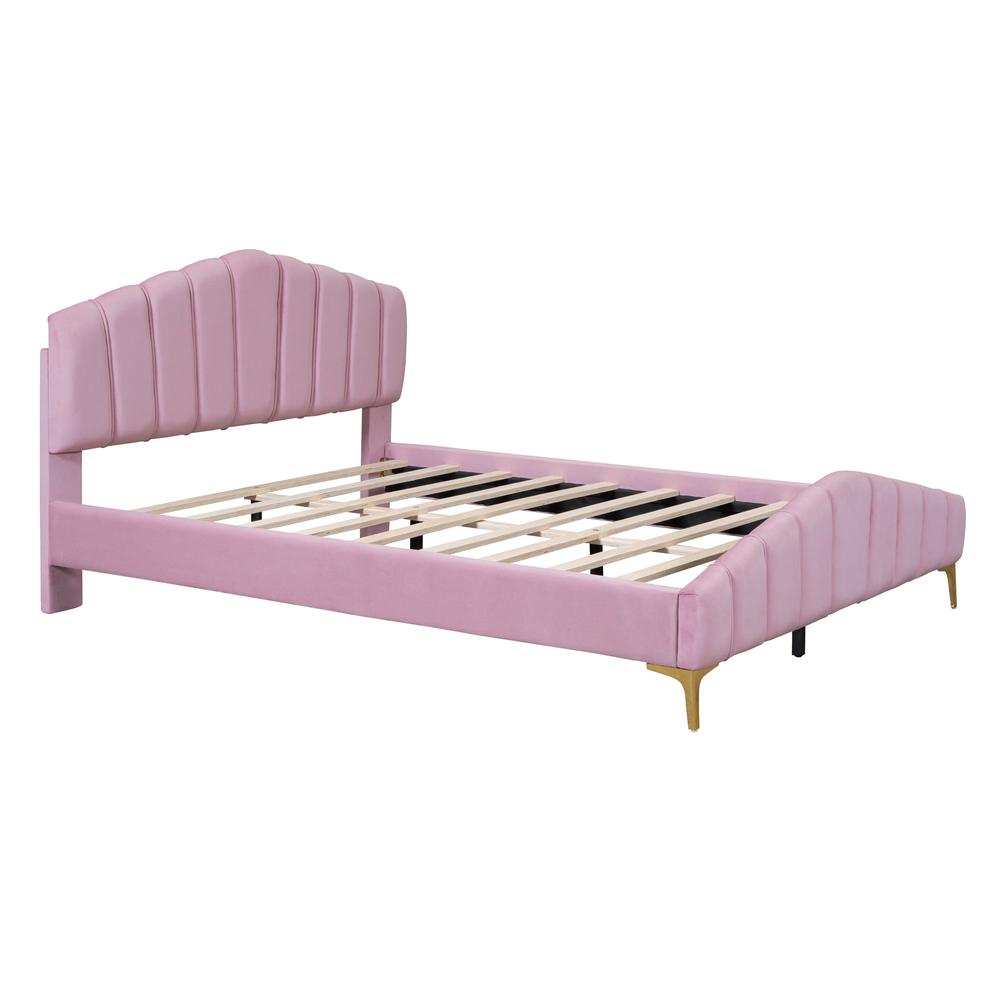 Queen Size Velvet Platform Bed with Thick Fabric, Stylish Stripe Decorated Bedboard and Elegant Metal Bed Leg, Pink - Atlantic Fine Furniture Melbourne FL