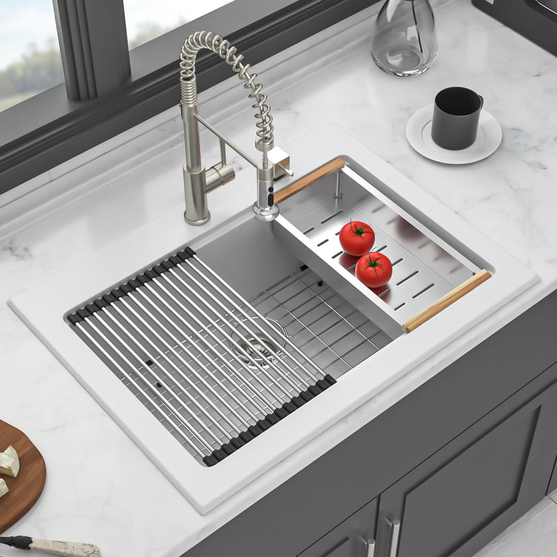 Quartz Kitchen Sink 30" X 22" Granite Composite Workstation Drop In Sink - White