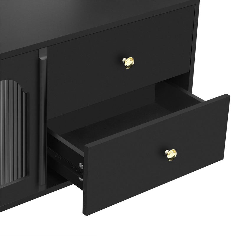 Modern TV Stand With Glass Door, 4 Drawers And 2 Cabinets