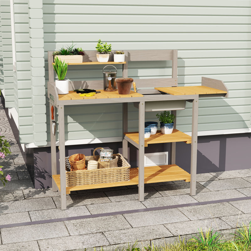 Outdoor Potting - Bench, Workstation Table With Cabinet For Backyard Garden Supplies - Gray / Brown