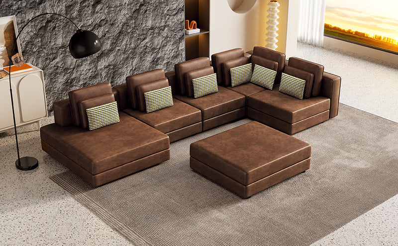 112.7" Modular Sectional Sofa Corner Sofa Chaise Lounge with Movable Ottoman for Living Room, Brown