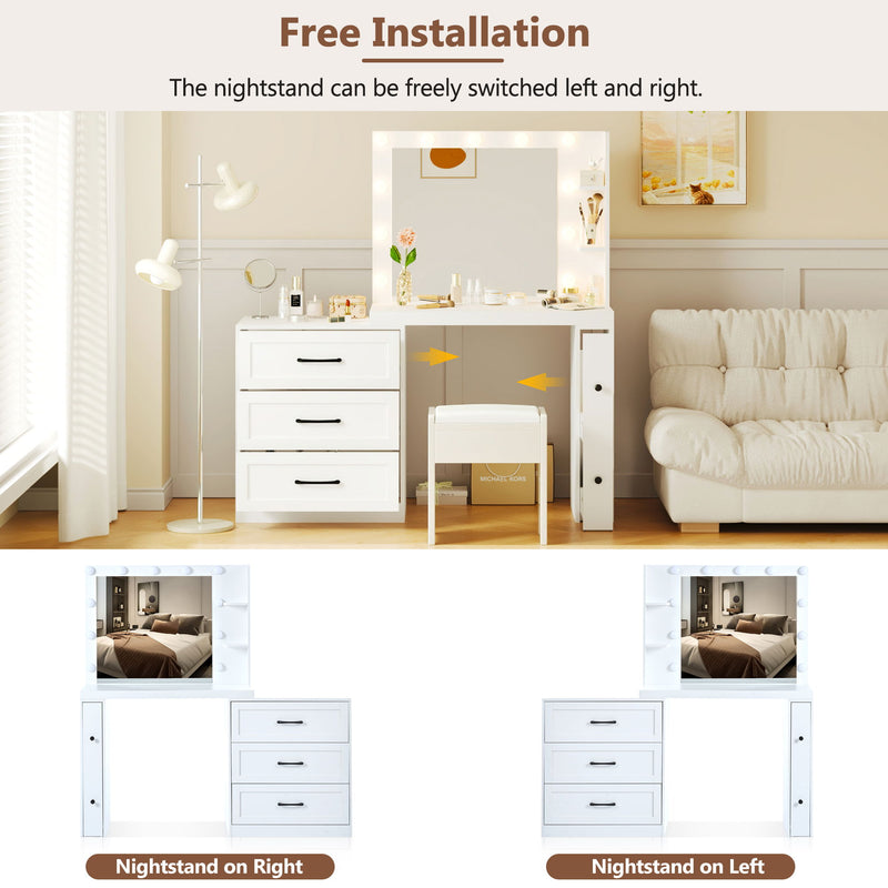 Vanity Desk With Freely Adjustable Side Cabinet, Makeup Vanity With Hollywood Lights, 5 Storage Drawers & 2-Shelves, Modern Dressing Table - White