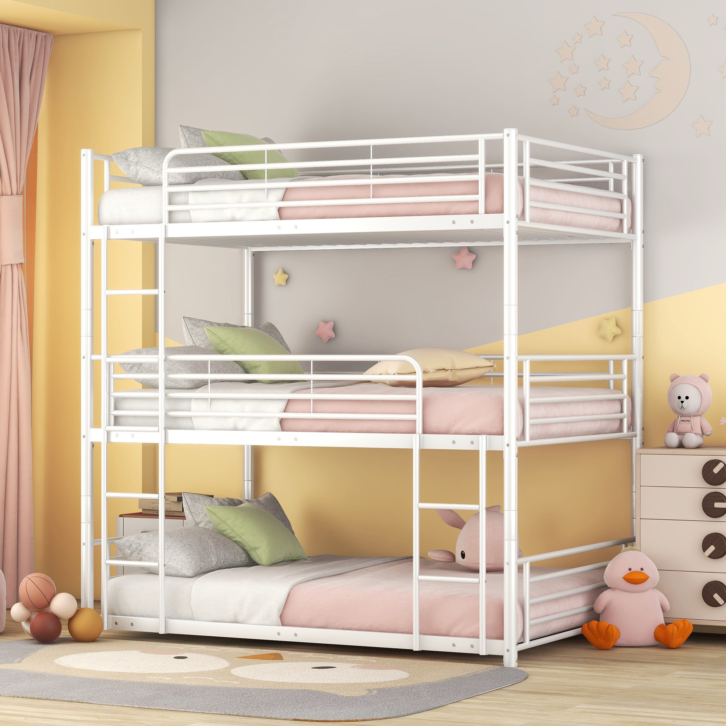Full-Full-Full Metal  Triple Bed  with Built-in Ladder, Divided into Three Separate Beds,White(OLD SKU:LP000297AAK) - Atlantic Fine Furniture Melbourne FL