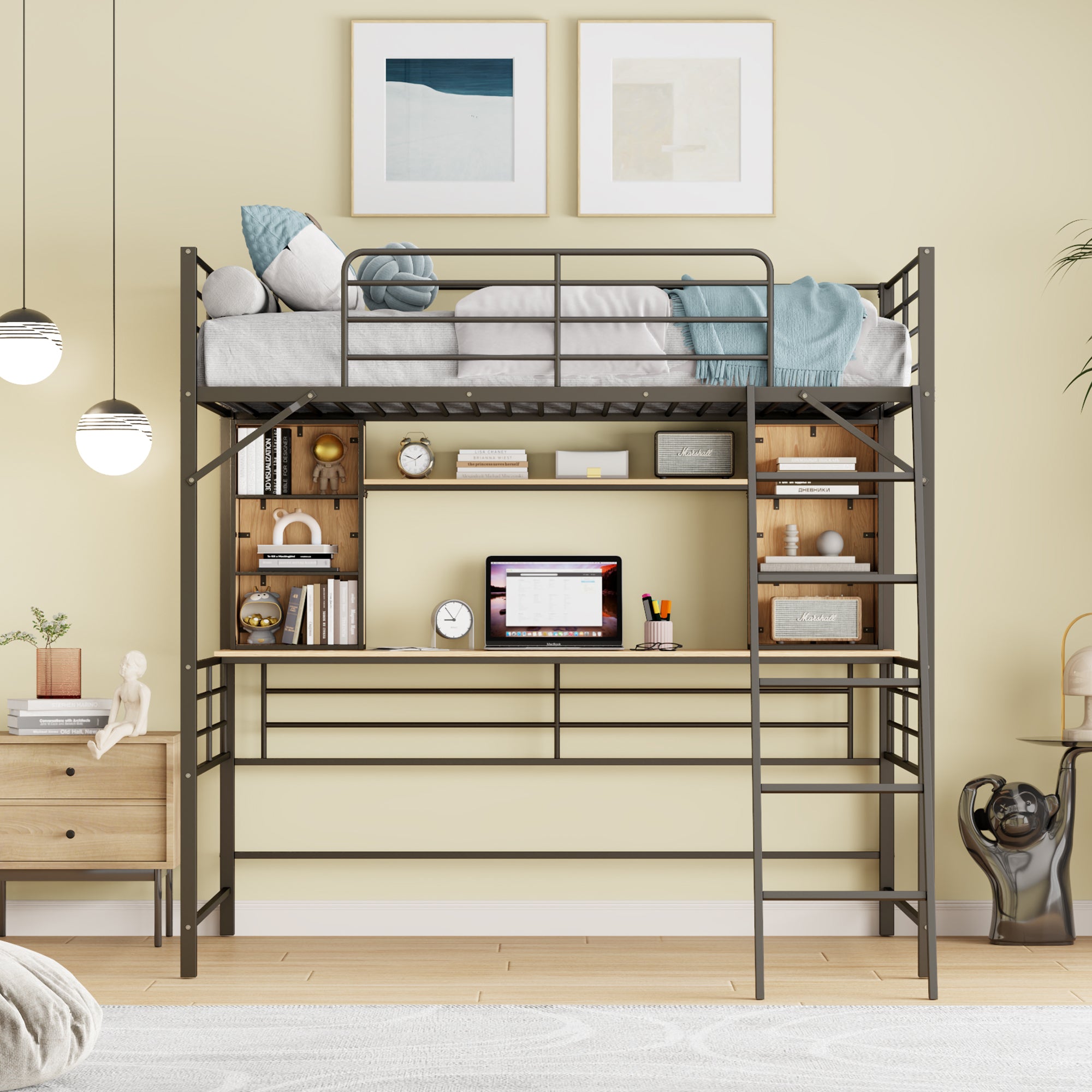 Full Size Loft Bed with Desk and Shelf , Loft Bed with Ladder,Full,Black - Atlantic Fine Furniture Melbourne FL