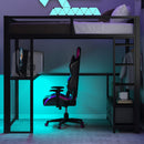 Full Size Gaming Loft Bed With LED Desk, Open Wardrobe, 3 Linen Storage Drawers - Black