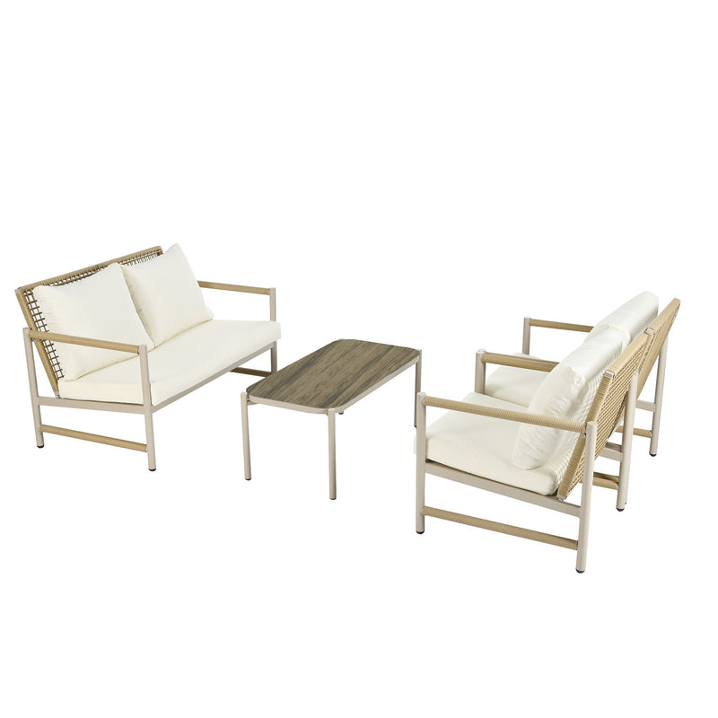 4 Pieces Patio Furniture Set, PE Rattan Wicker With Washable Cushion And Tempered Glass Tabletop, Conversation Furniture For Garden Poolside Balcony