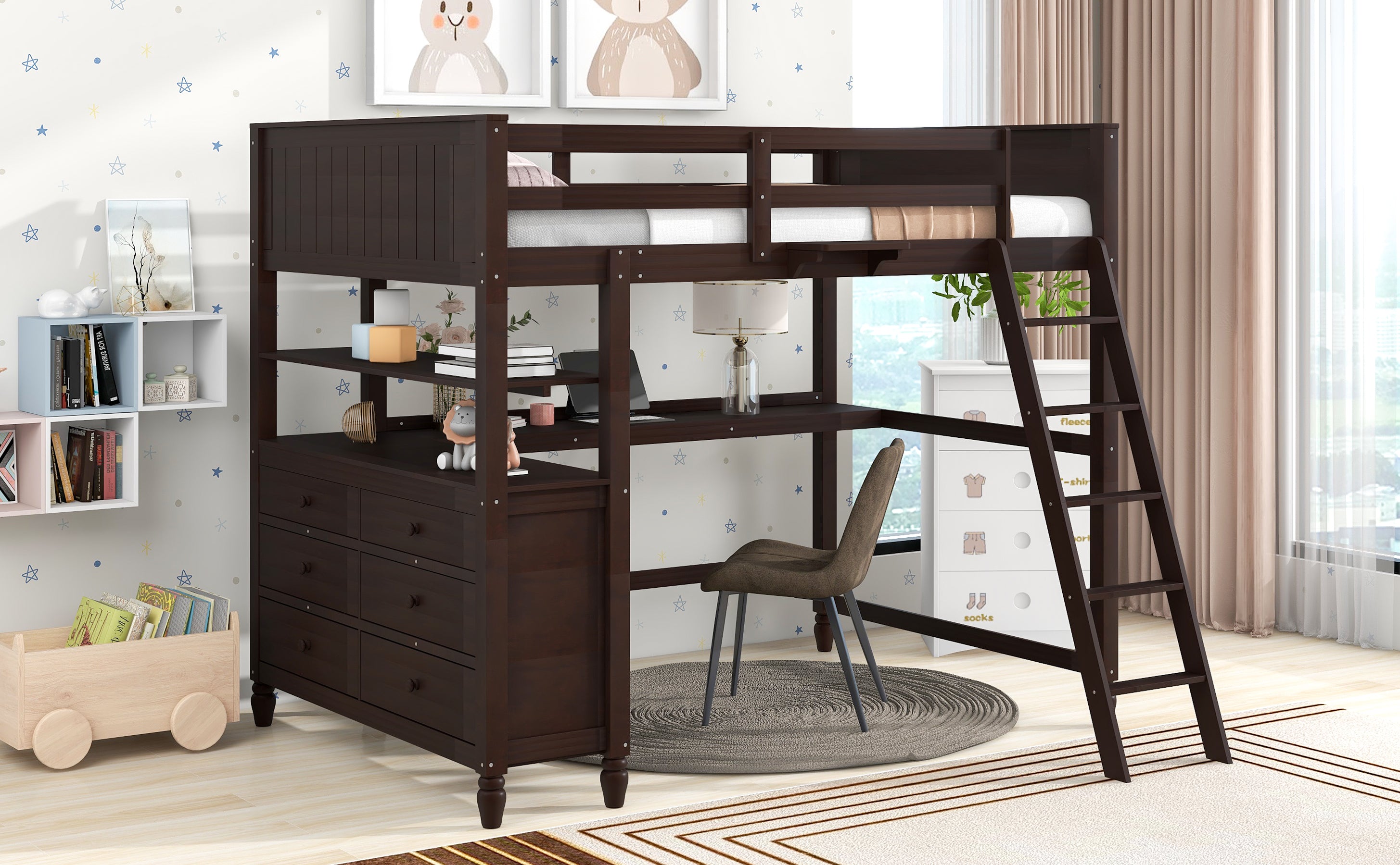 Full size Loft Bed with Drawers and Desk, Wooden Loft Bed with Shelves - Espresso(OLD SKU:LT001529AAP) - Atlantic Fine Furniture Melbourne FL