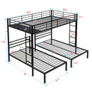 Modern Metal Triple Bunk Bed With Vertical Ladder, Safety Rail, And Storage Shelf - Black