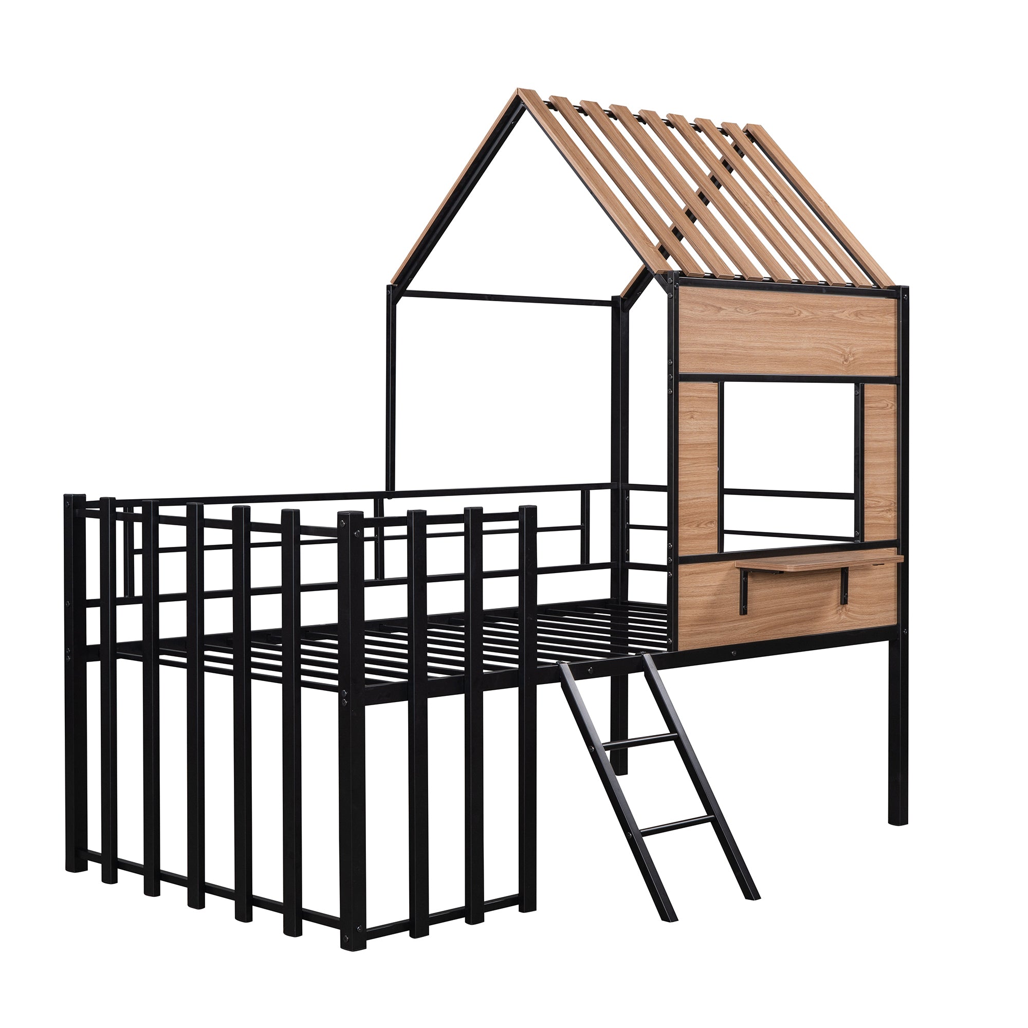 Metal Twin size Loft Bed with Roof, Window, Guardrail, Ladder Black - Atlantic Fine Furniture Melbourne FL