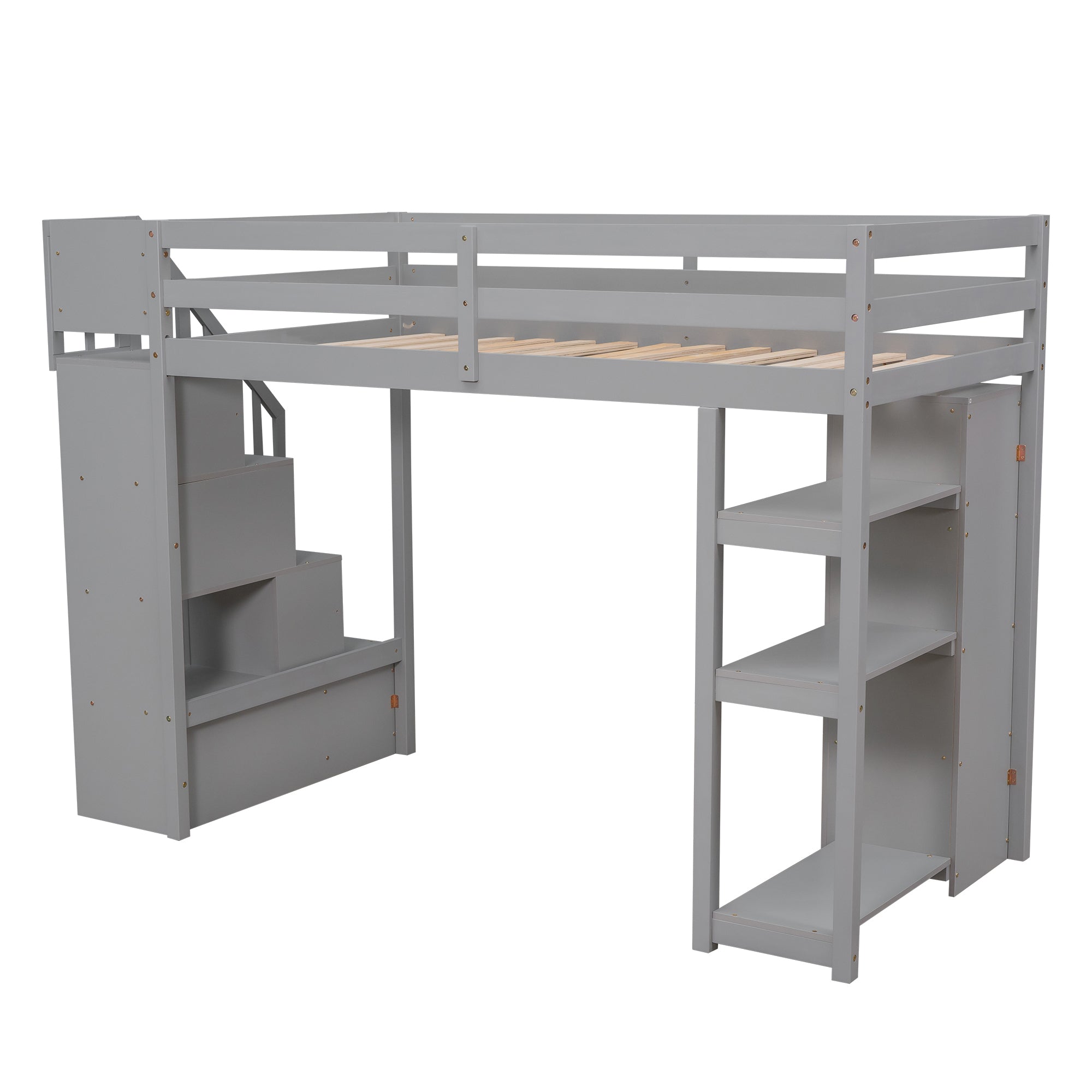 Twin size Loft Bed with Storage Drawers and Stairs, Wooden Loft Bed with Shelves - Gray - Atlantic Fine Furniture Melbourne FL
