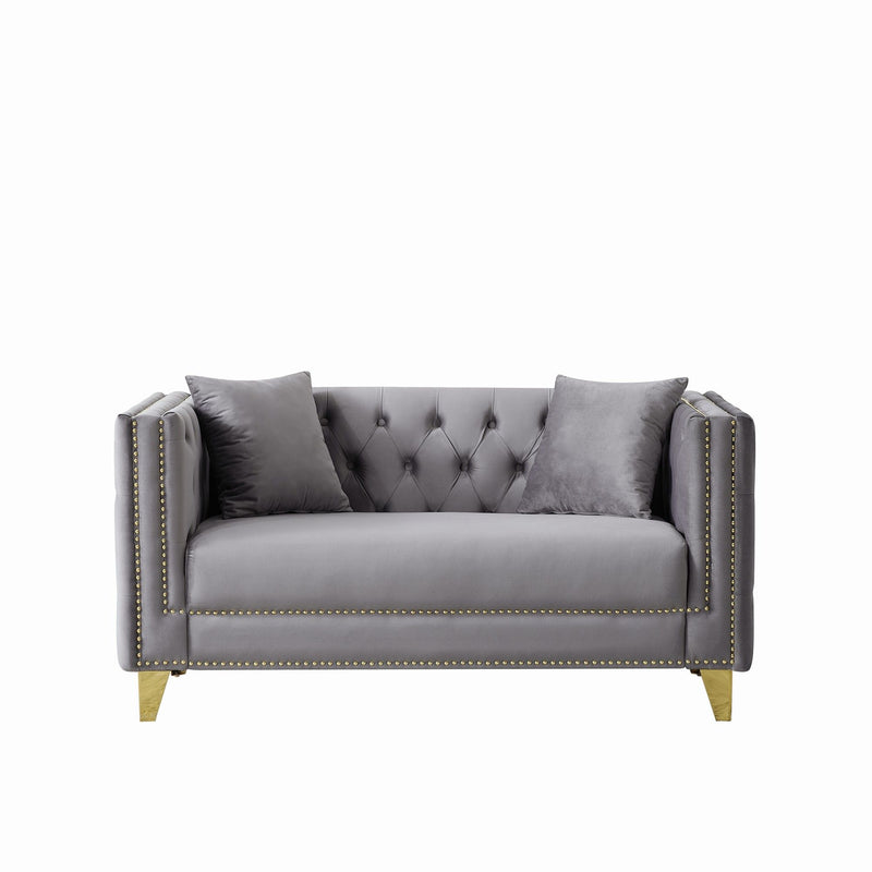 3 And 2 Seater Deep Seat Sofa With Button Nailhead, Square Arm Couches, Furniture For Living Room - Gray