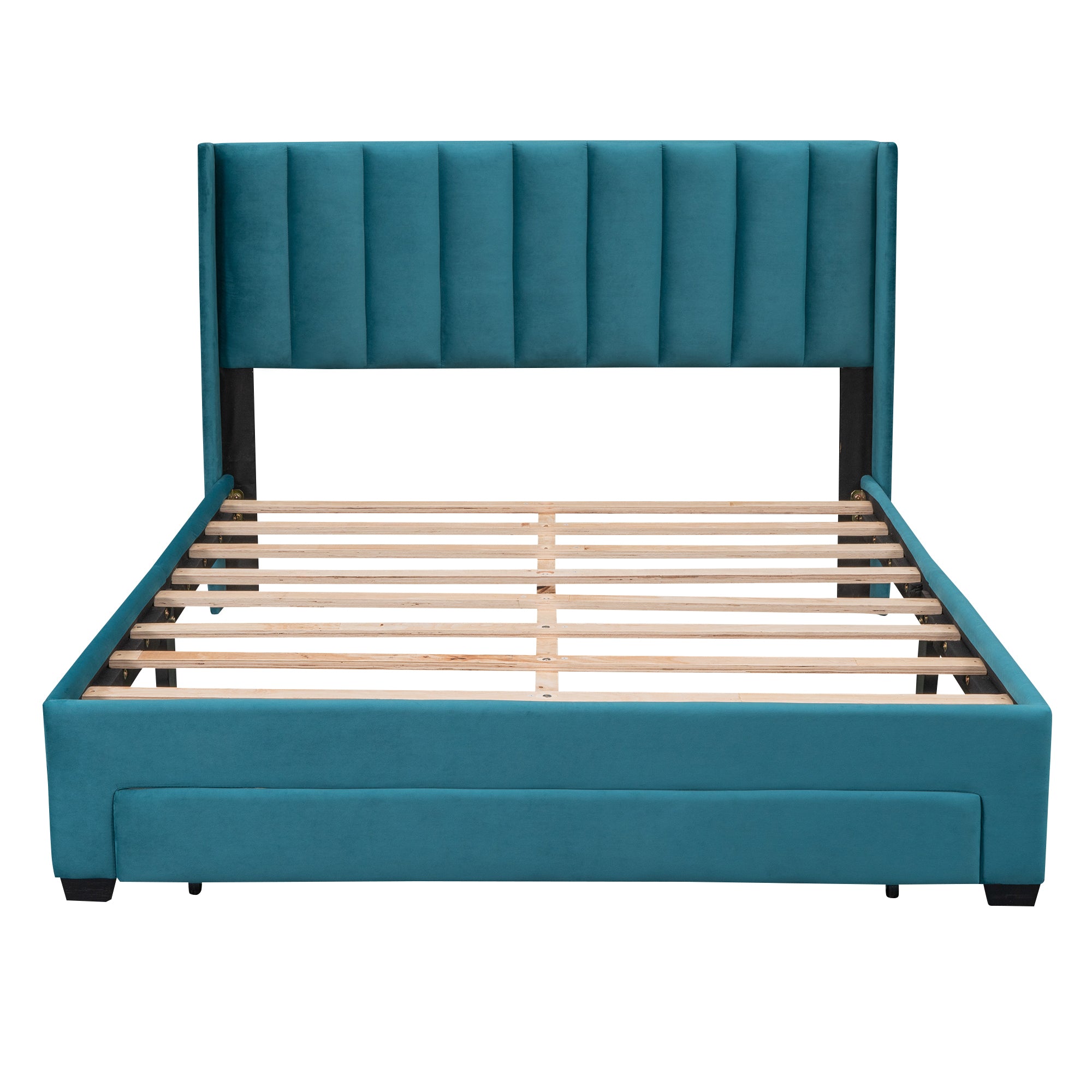 Queen Size Storage Bed Velvet Upholstered Platform Bed with a Big Drawer - Blue - Atlantic Fine Furniture Melbourne FL