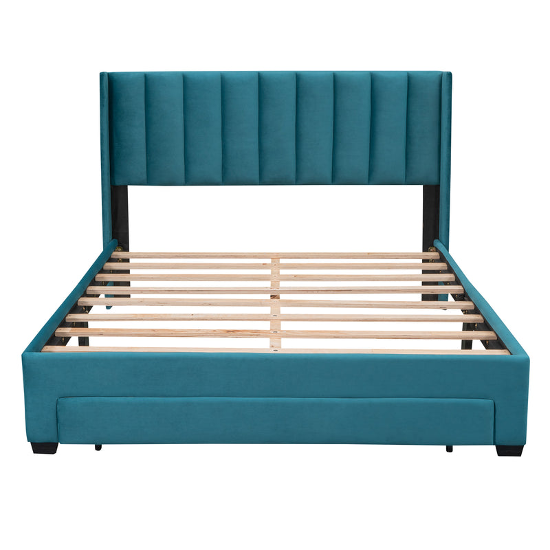 Queen Size Storage Bed Velvet Upholstered Platform Bed with a Big Drawer - Blue