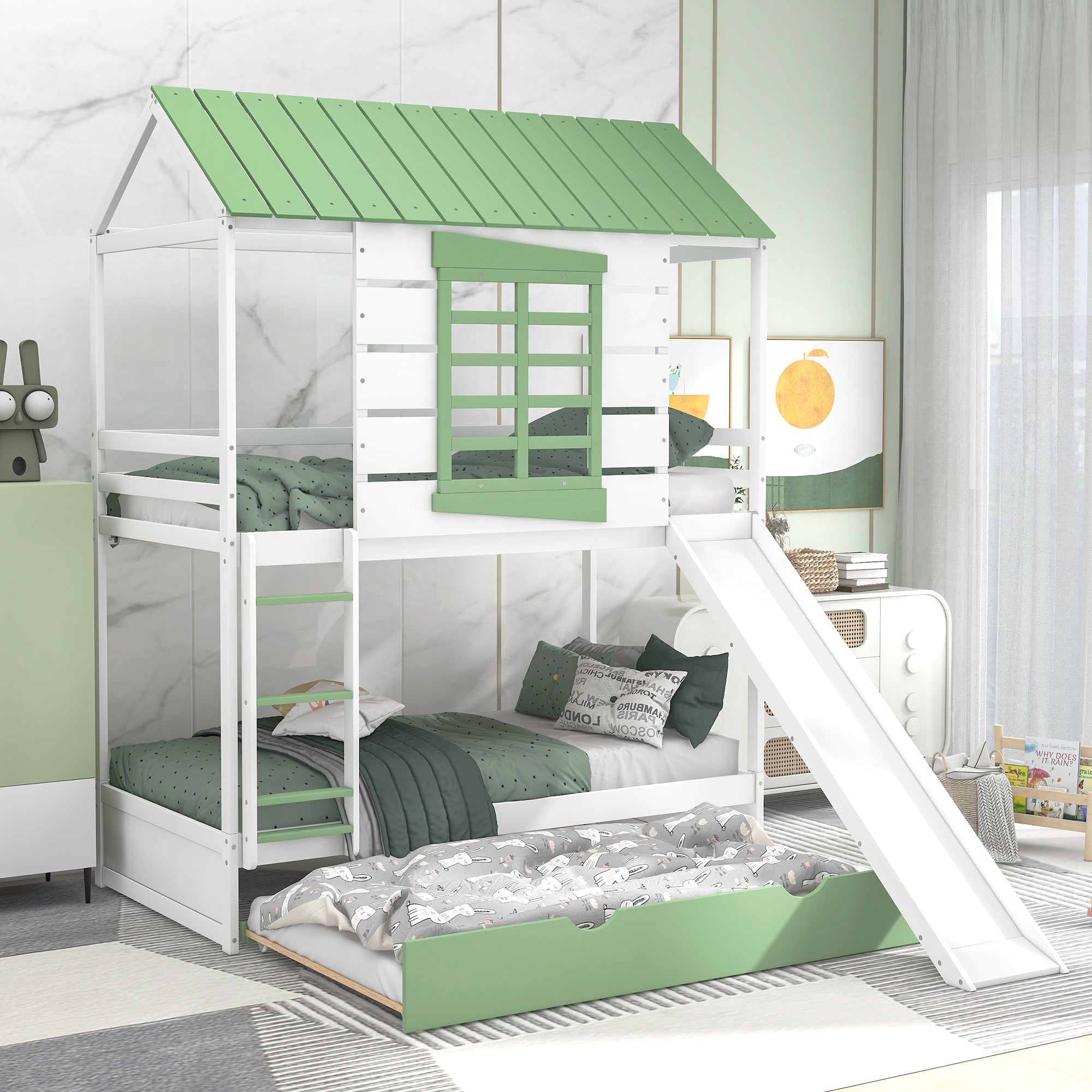 Twin over Twin Size House Bunk Bed with Convertible Slide and Trundle, White+Green - Atlantic Fine Furniture Melbourne FL