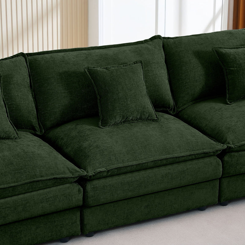 Modular Sectional Sofa 3 Seater L-Shaped Couch Set With Movable Ottoman - Green