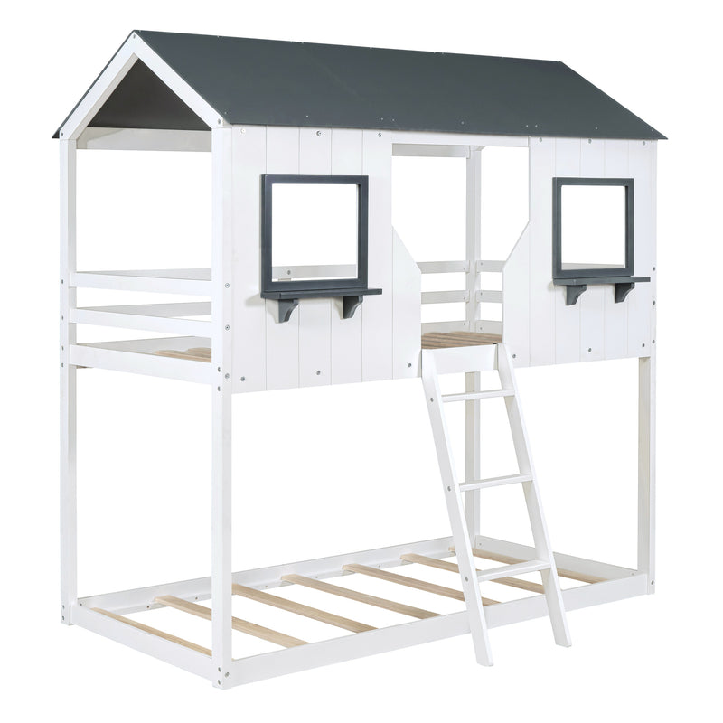 Twin Over Twin Bunk Bed Wood Bed with Roof, Window, Guardrail, Ladder (White)(OLD SKU :LT000045AAK)