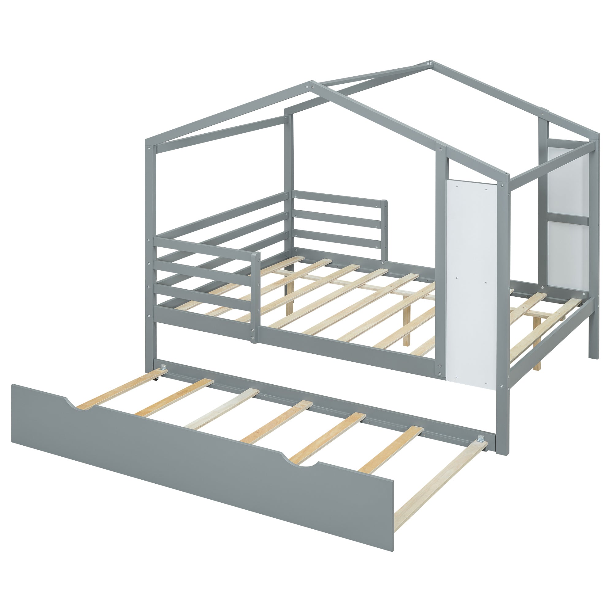 Full Size Wood House Bed with Fence and Writing Board, Gray - Atlantic Fine Furniture Melbourne FL