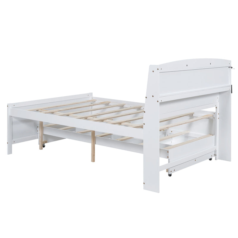 Full Size Platform Bed With Storage LED Headboard, Twin Trundle And 3 Drawers - White