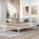 Queen Size Metal Platform Bed Frame with Sockets, USB Ports and Slat Support ,No Box Spring Needed White