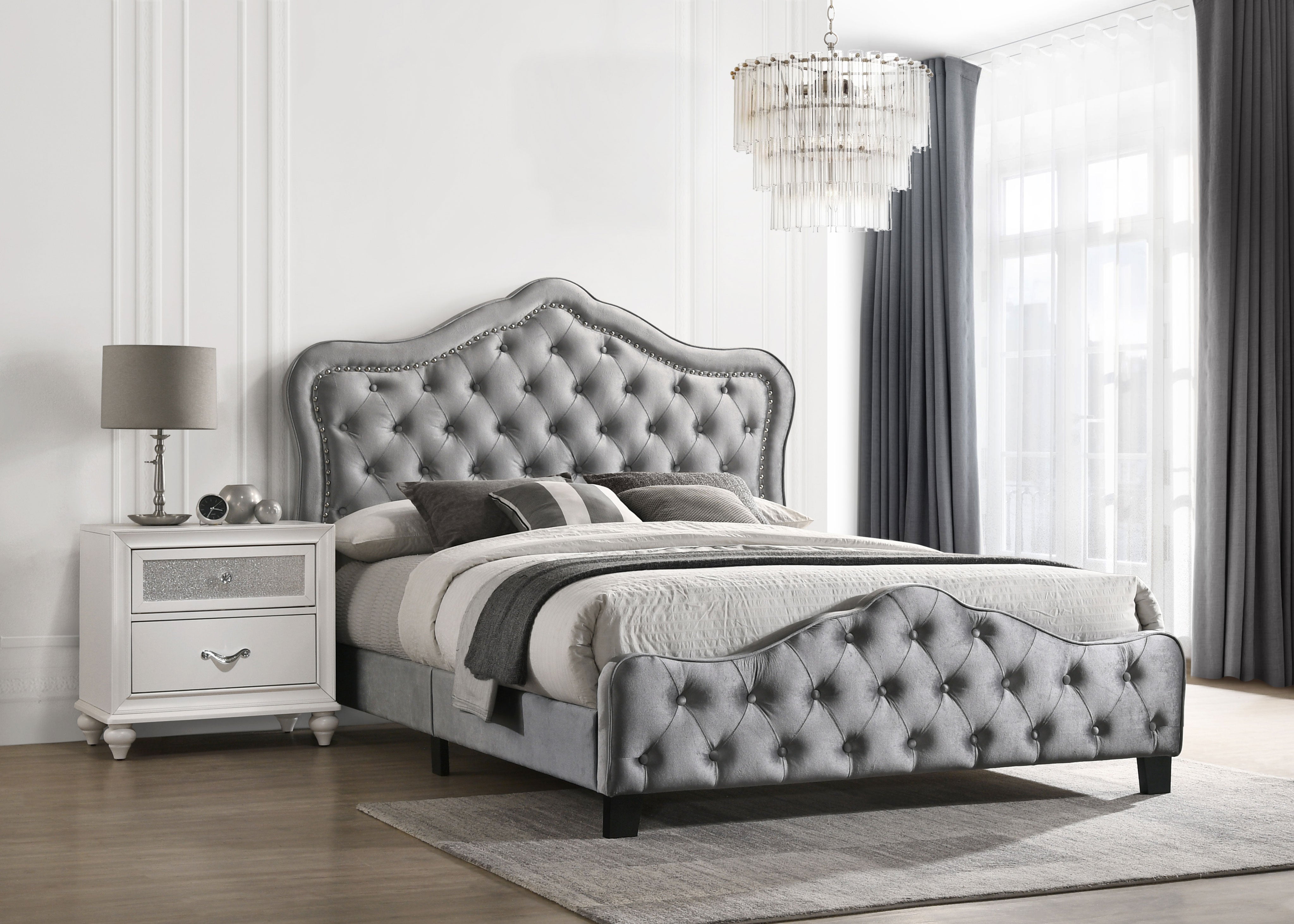Bella Upholstered California King Panel Bed Grey — view 4