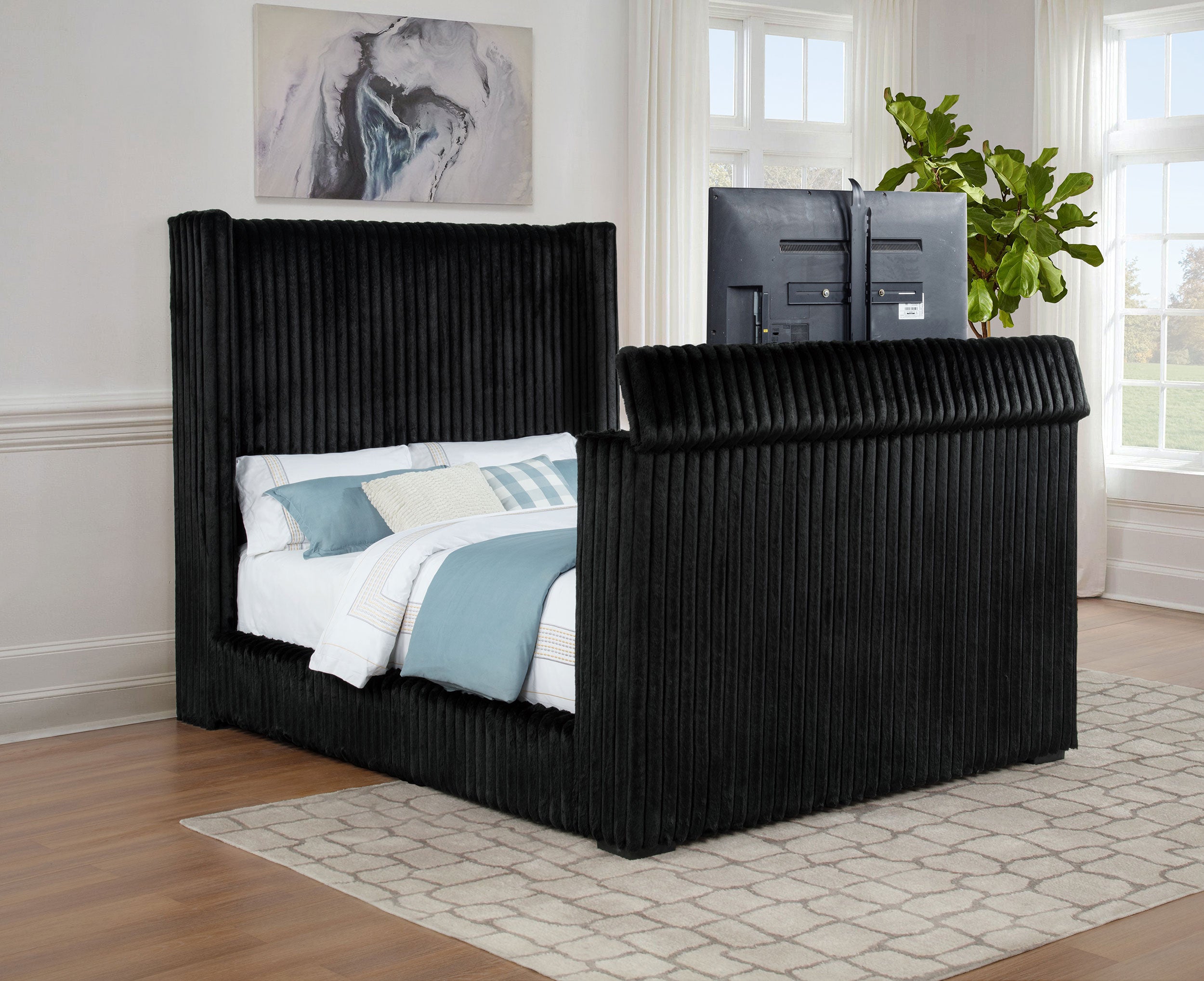 Centergrove Upholstered Queen Wingback TV Bed Black — view 3