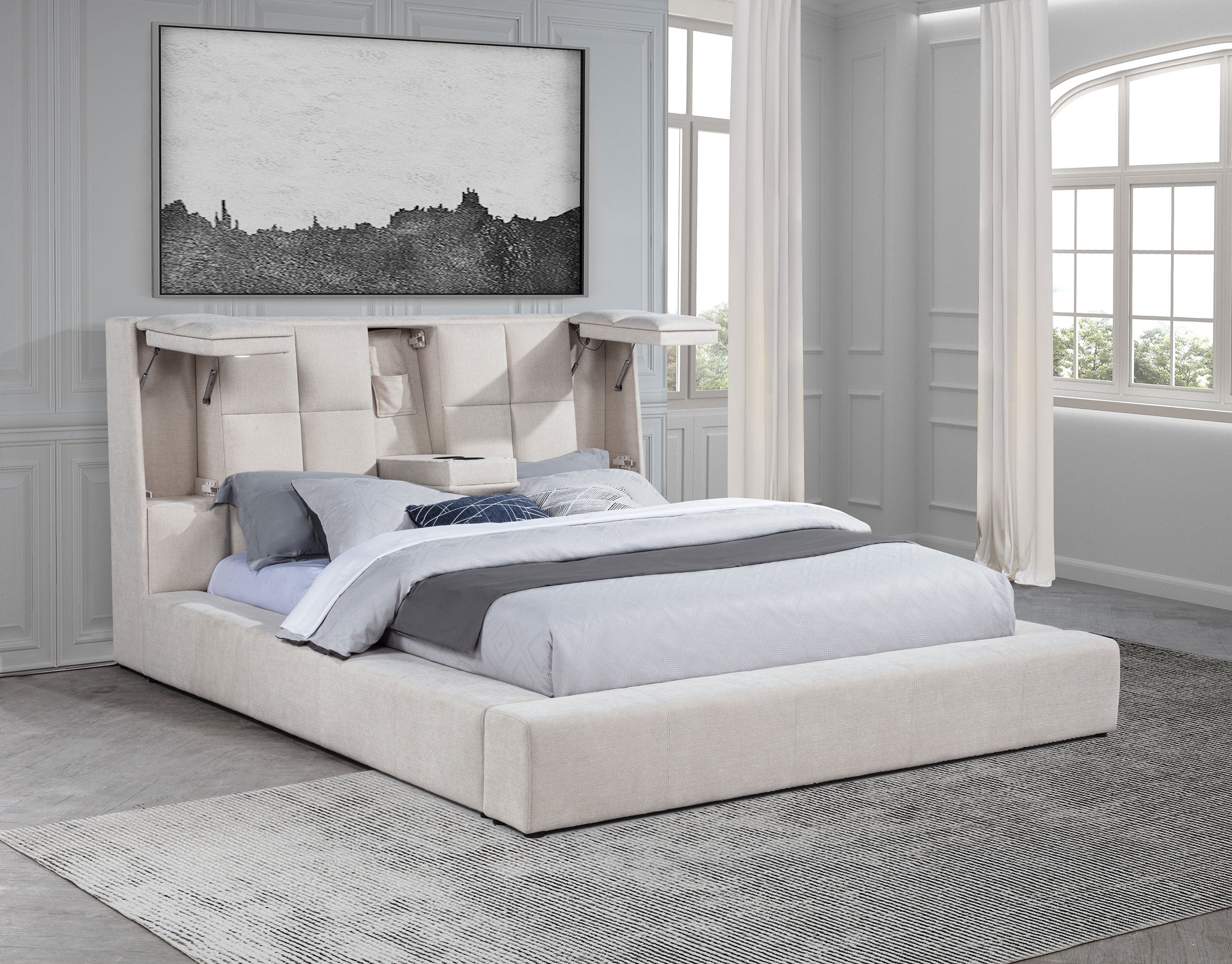 Dreux Upholstered Eastern King Panel Platform Bed Cream — view 3
