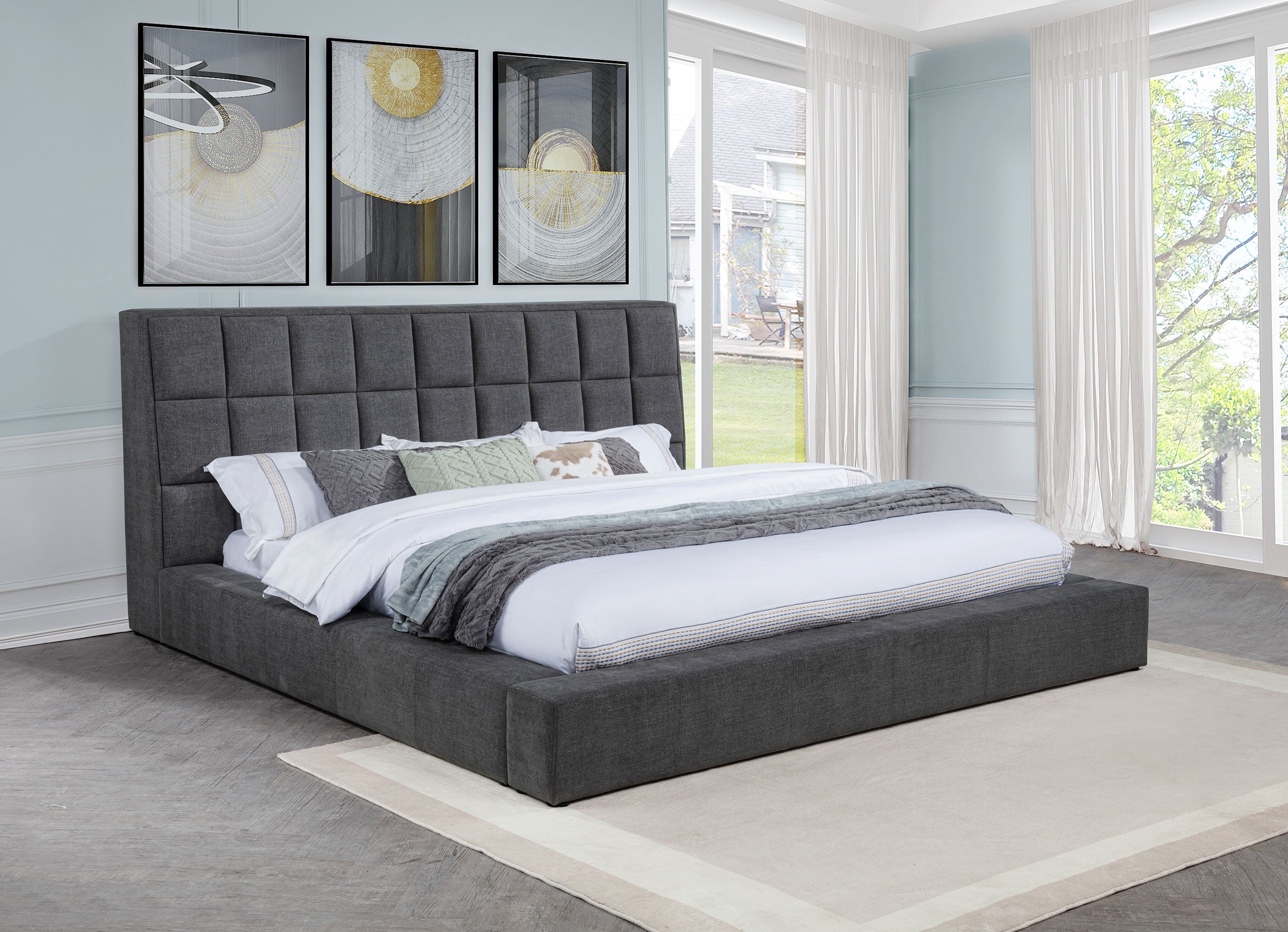 Dreux Upholstered Queen Panel Platform Bed Grey — view 2