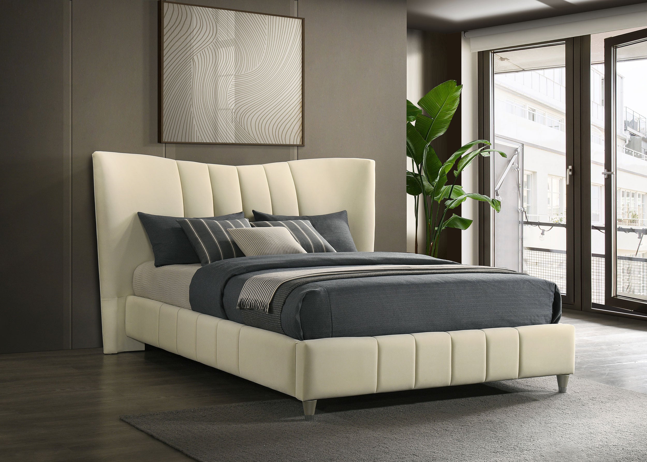 Evelyn Upholstered Queen Panel Platform Bed Ivory — view 2