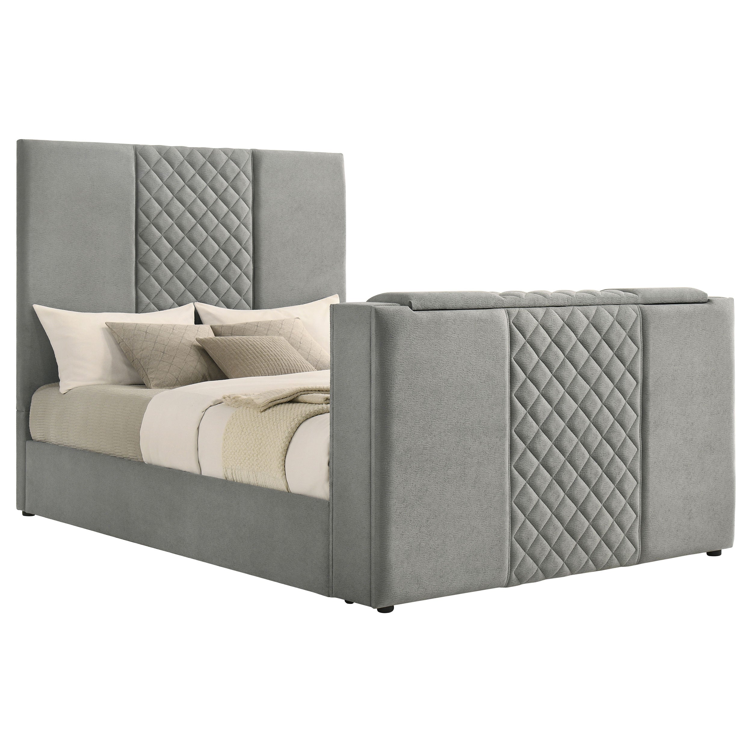Tara 61-inch Upholstered Queen Panel TV Bed Grey — view 4